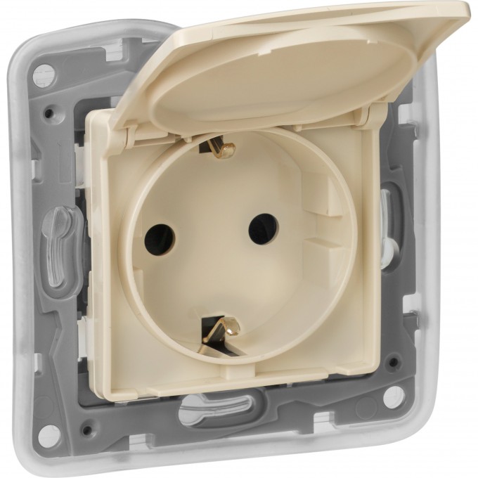 Розетка LEGRAND 2К+З IP 44 с откидной крышкой и шторками немецкий стандарт автоматические зажимы 16 А слоновая кость 672332 Розетка LEGRAND 2К+З IP 44 с откидной крышкой и шторками немецкий стандарт автоматические зажимы 16 А слоновая кость 672332